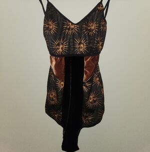 Elegant Sun Motif Black and Brown Velvet Bodysuit